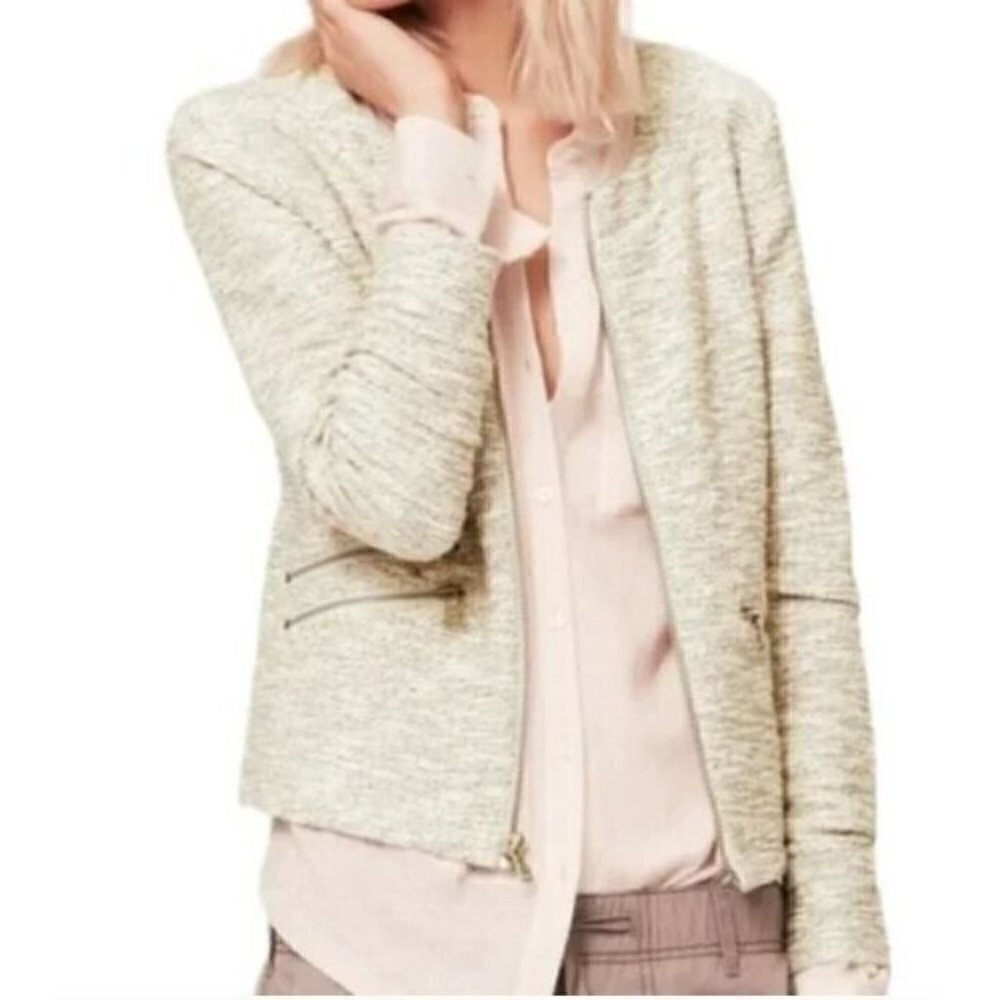 LOFT Lou Grey Jacket Womens Medium Ivory Gold Metallic Tweed Zip Up Boho